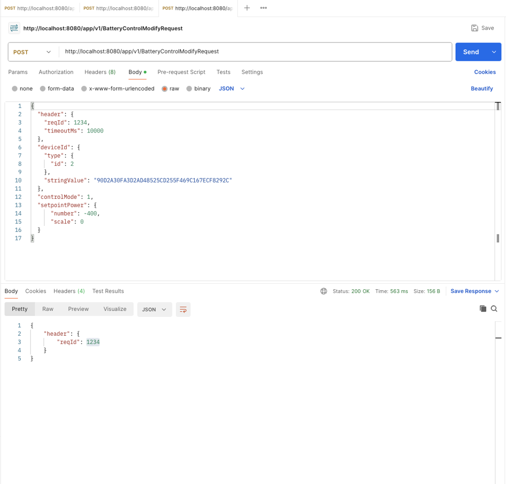 Request and successful JSON response for BatteryControlModifyRequest