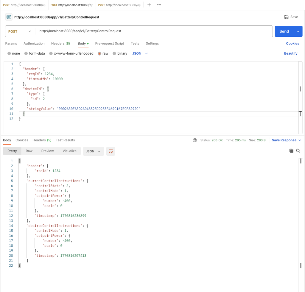 Request and JSON response for BatteryControlRequest with current and desired control instructions