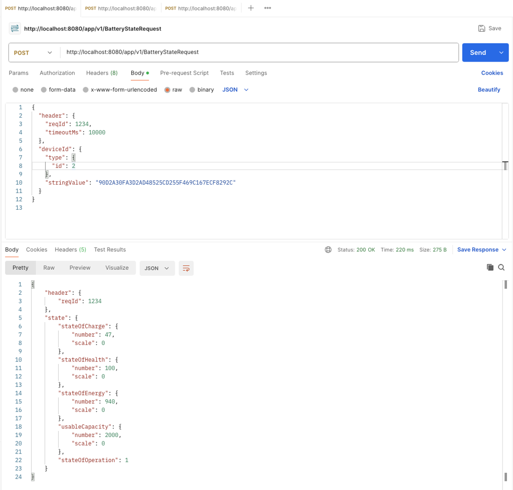 Request and successful JSON response for BatteryStateRequest