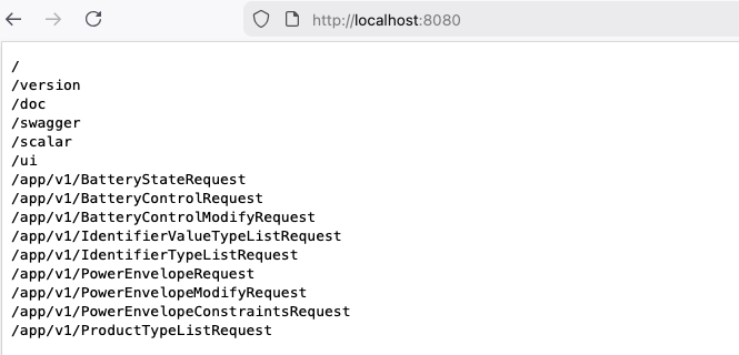 Browser showing the local FlexConnect endpoint list at localhost port 8080
