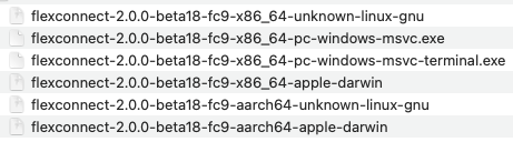 Folder containing FlexConnect client downloads for Linux, Windows, and macOS