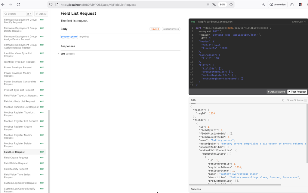 Request and JSON response for FieldListRequest with product field definitions