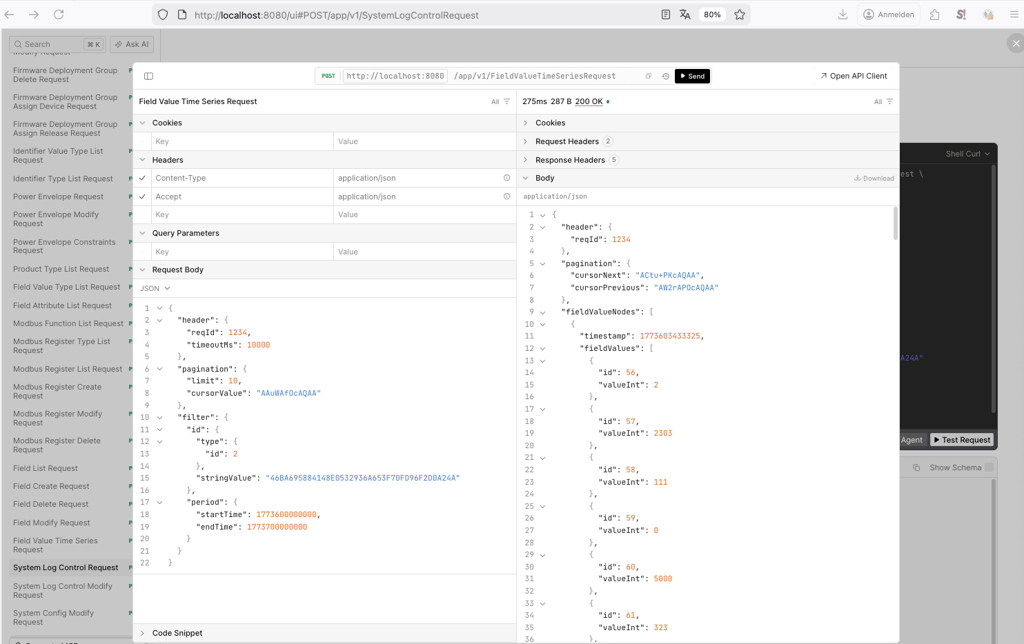 Request and JSON response for FieldValueTimeSeriesRequest with paginated system field data