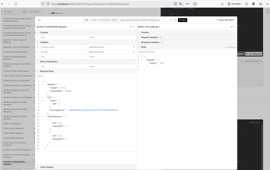 Request and successful JSON response for SystemConfigModifyRequest with battery field values