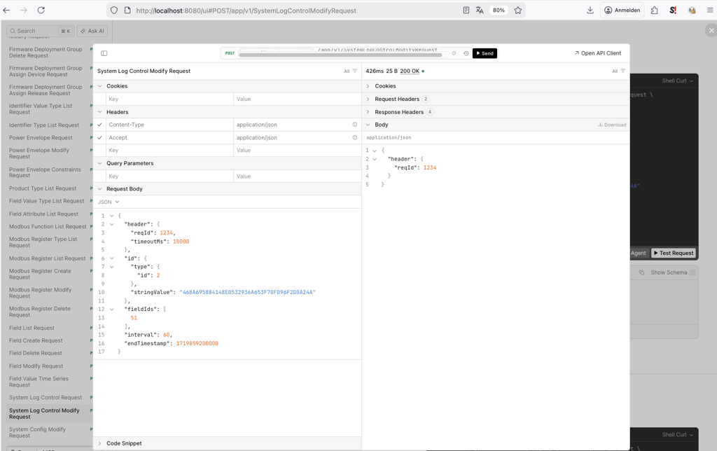 Request and JSON response for SystemLogControlModifyRequest with field IDs, interval, and end timestamp