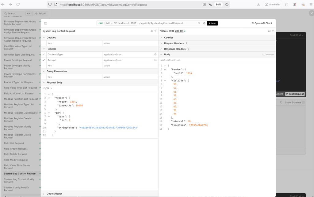 Request and JSON response for SystemLogControlRequest with current field logging configuration