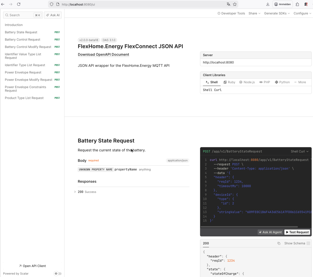 Scalar API UI showing FlexConnect endpoints and a Battery State Request example